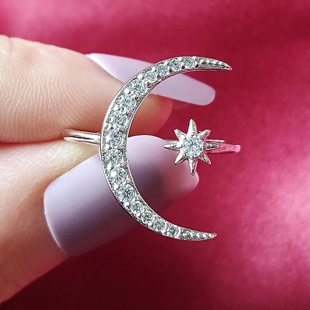 STAR MOON 925 STERLING SILVER DIAMOND RING, CUTE RING, SHINY RING. - Picture 5 of 8